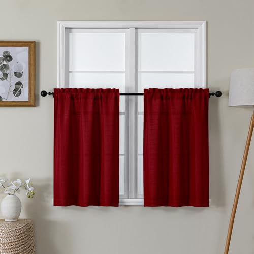 "Lecloud Bessie Red Kitchen Curtains 30 Inch Length 2 Pcs, Christmas Faux Linen Textured Short Curtain, Light Filtering Breathable Tiers with Rod Pocket for Cafe Bedroom Bathroom, Each 30"" W x 30"" L"