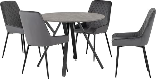 Seconique Athens Round Dining Table Set with 4 Avery Dining Chairs in Concrete/Grey Velvet
