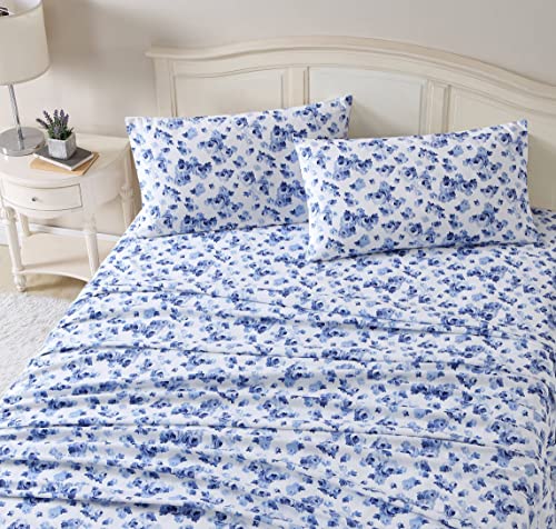 Laura Ashley - Twin Sheet Set, Cotton Flannel Bedding, Brushed for Extra Softness & Comfort (Emelisa Blue, Twin)