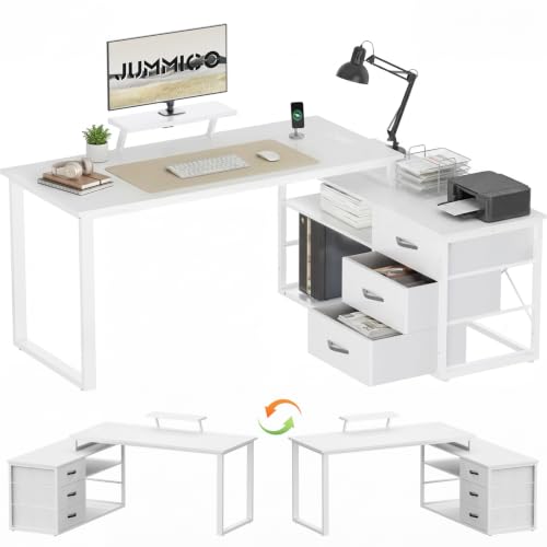 JUMMICO L-Shaped Desk with 3 Drawers, 140 x 100 x 75 cm, Corner Desk with Shelves, Reversible L-Shape Design with 2 USB Charging Ports & 2 Power Outlets, Home Office Desk, White
