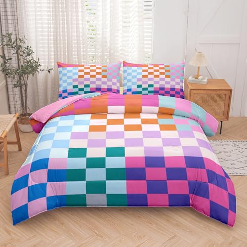 Tailor Shop Plaid Comforter Sets Full Bedding Set Women Men Checkerboard Grid Bedding Boys Girls Checkered Geometric Room Decor with 2 Pillowcases