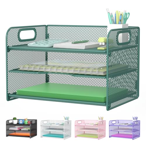 Samstar 3 Tier Green Letter Tray Paper Organizer with Handle, Mesh Desk Organizer Paper Sorter File Rack Shelves, Green