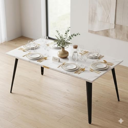 FurnitureR 150CM Dining Table Rectangular for 4-6 Person with Marble Print Wooden Table Top and Metal Steel Legs, 150x80x74cm, Marble White