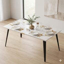 FurnitureR 150CM Dining Table Rectangular for 4-6 Person with Marble Print Wooden Table Top and Metal Steel Legs, 150x80x74cm, Marble White