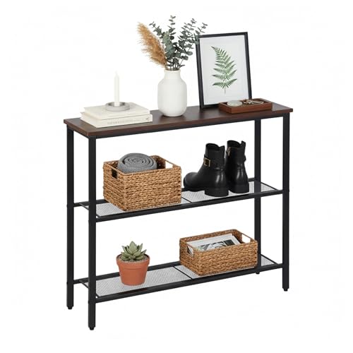 Relaxdays console table, HxWxD: 75 x 80 x 23 cm, metal, MDF, narrow hallway console, 3 shelf hall table, brown/black