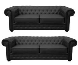 Sofas and More Chesterfield Style Venus Sofa 3 Seater 2 Seater Armchair Black Faux Leather (3+2 Seater)
