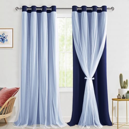 Hiasan Mix & Match Blackout Curtains with Sheer Overlay, Double Layer Extra Long Thermal Insulated Grommet Window Curtains for Bedroom, Living Room, 2 Drape Panels with Tiebacks, Navy Blue, 52W X 108L