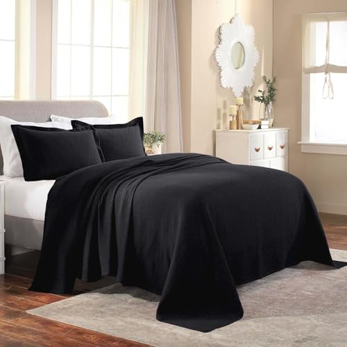 Superior Cotton Fleur De Lis Bedspread Set, Warm Blankets, All-Season Bedding, Bedroom Decor, Decorative Boho Medallion Coverlet, Includes 1 Bedspread, 2 Pillow Shams, Full, Black