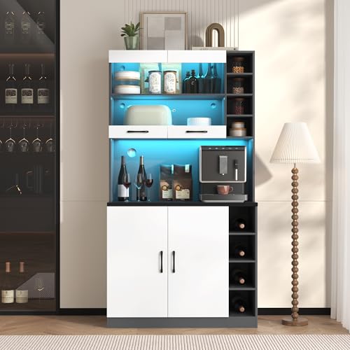 Ball & Cast Kitchen Tall Cabinet, Pantry with LED Lighting, Wooden Kitchen Cupboard, Large Space for Microwave, Freestanding, Height-Adjustable Side Storage Shelves, White, 100x47x187 cm