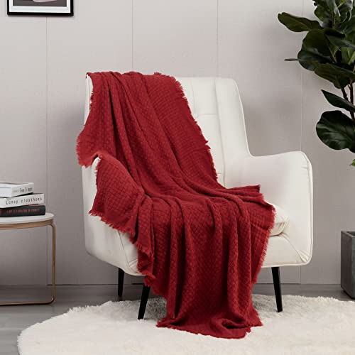 CREVENT Farmhouse Knit Throw Textured Cover Blanket for Couch Sofa Chair Bed Home Decoration, Soft Warm Cozy Light Weight for Spring Summer Fall (127cmX152cm Red)