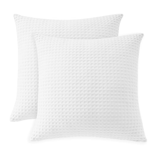 "100% Egyptian Cotton 600 TC Waffle Weave Throw Pillow Covers 2 Pack - Ultra Soft Breathable Euro Pillow Shams Covers, Decorative Cushion Covers for Bed Couch Sofa Car, White, 20"" x 20"""