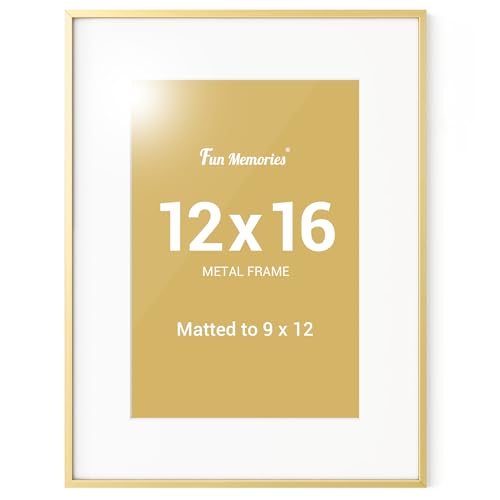 Fun Memories 12x16 Picture Frame with 9x12 Removable Mat, Gold Aluminum 12x16 Photo Frames with Plexiglass, Vertical and Horizontal Display, Wall Hook Hanging, Set of 1