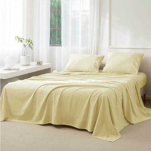 "JIYUAN Cal King Washed Cotton Sheet Set, 4-Piece, Relaxed Linen Feel - Deep Pocket Fits Mattresses up to 17"". Flat Sheet & 2 Pillowcases. Naturally Soft & Breathable. Machine Washable."