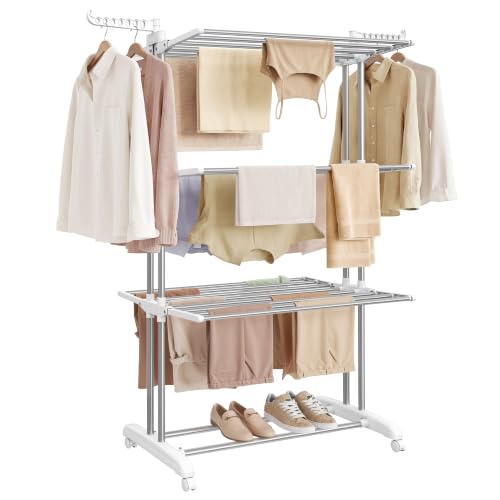 SONGMICS Large Clothes Airer, Foldable 4-Tier Drying Rack, Stainless Steel - Moveable Clothes Horse, 126.6 x 64.2 x 169.2 cm, Folding Wings, Silver and Cloud White, BUNJI Collection LLR701EW01