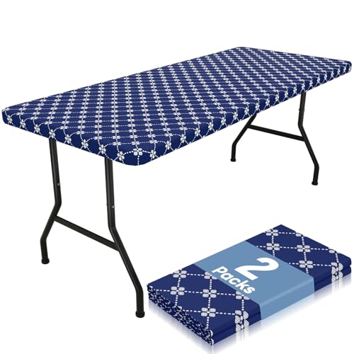 "misaya 2 Pack Rectangle Vinyl Table Cloth, Elastic Fitted Tablecloth with Flannel Backing, Waterproof Plastic Table Cover Fits 8 Foot Folding Tables for Camping, Indoor and Outdoor (Navy, 30"" x 96"")"