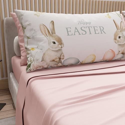 PETTI Artigiani Italiani - Easter Cotton Sheets with Pillowcases in Digital Print, Single Bed Sheet, Easter Bed Set, 13 Powder, Made in Italy