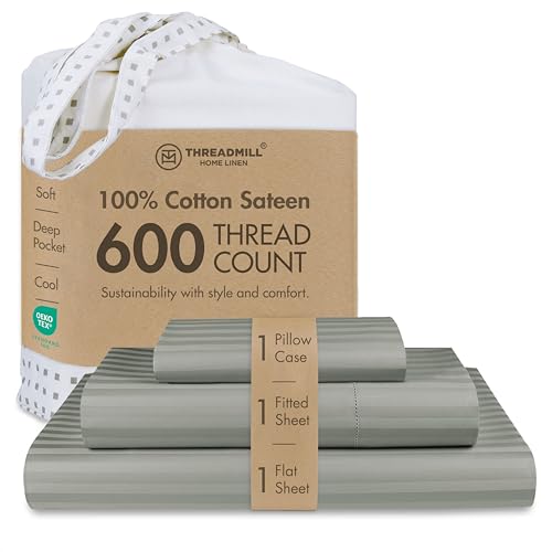 Threadmill Home Linen Twin Sheets - 100% Pure Cotton 600 Thread Count, 3 Piece Damask Moonrock Grey Bedding Set, Smooth ELS Combed Cotton, Striped Sheets with Elasticized Deep Pocket