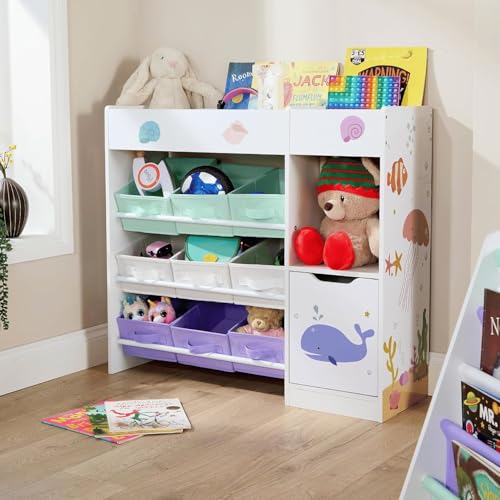 Home Source Children???s Storage Unit with Shelves, Cupboard & 9 Fabric Drawers ??? Kids??? Bedroom Furniture with Sealife Animal Design ??? Toy Organiser & Book Storage