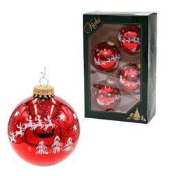 Dekohelden24 Lauschaer Christmas Tree Decorations - Set of 4 Christmas Tree Baubles in Shiny Red, Hand Decorated with Glitter - Decorative Reindeer Sleigh with Gold Crowns, Size Diameter Approx. 7 cm