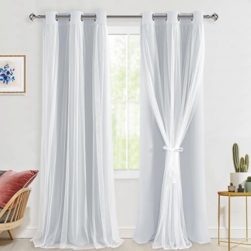 Hiasan Greyish White Blackout Curtains with Sheer Overlay, Mix and Match Double Layer Room Darkening Curtains for Bedroom Living Room 2 Window Panels Sewn with Tiebacks Grommet Top, 42W X 96L