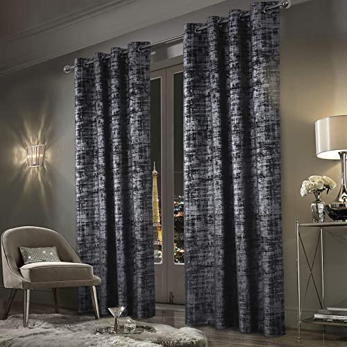 always4u Soft Velvet Curtains 95 Inch Length Luxury Bedroom Curtains Silver Foil Print Window Treatments for Living Room Set of 2 Charcoal Grey