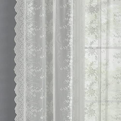 Kotile Extra Long Lace Curtains 120 Inch Length, 2 Panels Rustic Vine Floral Pattern Ivory Sheer Lace Curtains for High Ceiling to Floor, Rod Pocket Privacy Lace Window Curtains, 52 x 120 Inch, Ivory