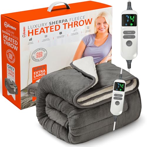 Wärmer Electric Heated Throw Blanket - Extra Large 130cm x 180cm Digital Controller - 9 Hour Timer, 9 Heat Settings, Auto Shutoff, Machine Washable - Grey