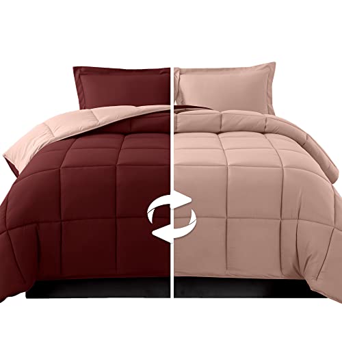 Elegant Comfort 3-Piece Reversible Comforter Set, All Season Cozy, Soft Down Alternative, Quilted - Box Stitched - Duvet Insert with 4 Corner Tabs, Comforter with Shams, Twin XL, Burgundy/Dusty Rose
