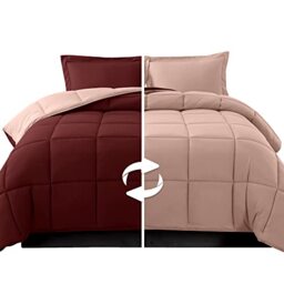 Elegant Comfort 3-Piece Reversible Comforter Set, All Season Cozy, Soft Down Alternative, Quilted - Box Stitched - Duvet Insert with 4 Corner Tabs, Comforter with Shams, Twin XL, Burgundy/Dusty Rose