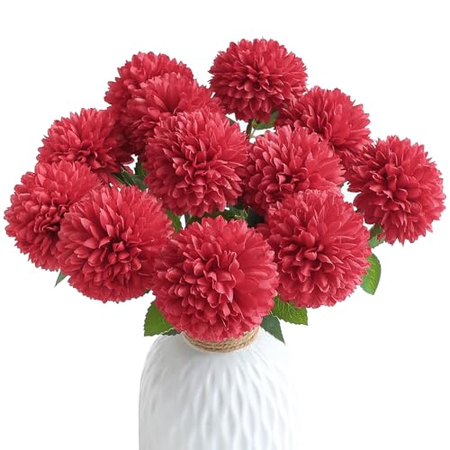 Floroom 12pcs Dark Red Faux Silk Mums Artificial Flowers Bulk Fake Chrysanthemums with Stems for DIY Wedding Bouquets Table Centerpieces Floral Arrangements Fillers Home Decorations
