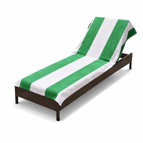 "Superior Classic Lounge Chair Cover Towel, Premium Cotton Oversized Slip Indoor/Outdoor Cabana Stripe Cushion Accent, for Patio Chaise Seat Lounge Chair Cover, 32"" x 102"", Green"