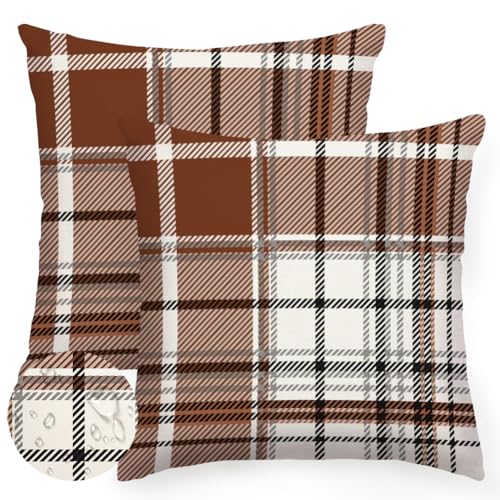 RABUSOFA Fall Pillow Covers 18x18 Inch Outdoor Waterproof Set of 2 Brown Buffalo Plaid Thanksgiving Autumn Decorative Throw Cushion Cases Seasonal Fall Farmhouse Decorations for Home Couch Patio