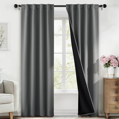 SimpleHome 100% Blackout 84 Inch Grey Curtains for Living Room - Curtains for Bedroom,Rod Pocket and Back Tab Window Drapes,Room Darkening Curtains with Black Back,40 x 84 Inch,2 Panels