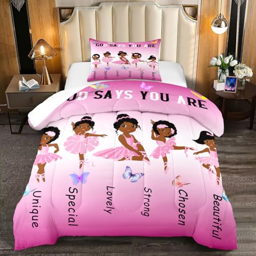 BATATADOCE African American Ballerina Comforter Set Black Girls Bedding Set Ultra Soft Microfiber Breathable Pink Comforter Set for Princess Room Decor Twin with 1 Pillowcase