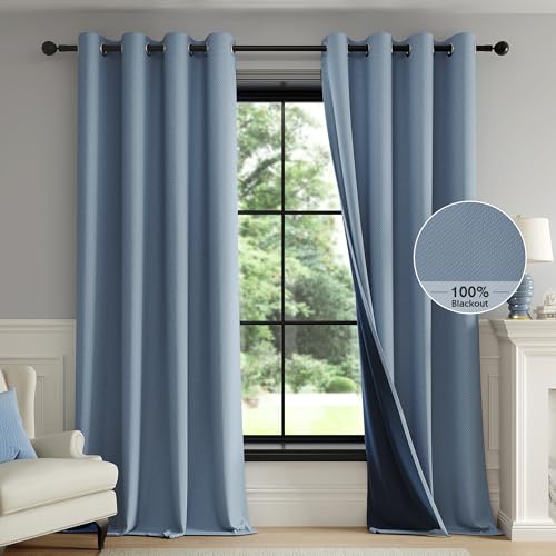 FMFUNCTEX 100% Blackout Slate Blue Curtains 108 Inch Long Grommet 2 Panels - Black out Drapes, Thermal Insulated Noise Reducing, Textured Weave, Room Darkening, Window Curtain, for Living Room,Grommet