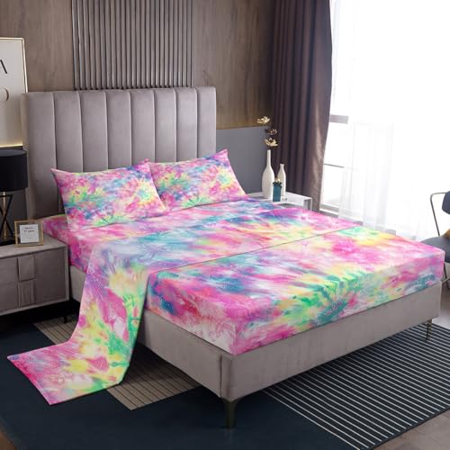 Erosebridal Kids Tie Dye Pink Bed Sheets Girls Bohemian Batik Sheet Set 4 Pcs, Boho Psychedelic Sheets Set + Deep Pocket Fitted Sheets+ Girly Flat Sheet + Exotic Bedroom Decor 2 Pillow Shams,Queen