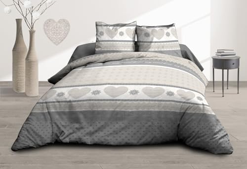Le linge de Jules Flat Sheet and Fitted Sheet 160 x 200 cm + 2 T Pure Cotton 57 Thread Count – Grey Hearts