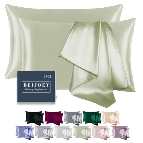 BEIJOEY 100% Mulberry Silk Pillowcase for Hair and Skin,with Hidden Zipper,Both Sides 19 Momme 600 Thread Count Natural Silk Pillow Cover,Soft Breathable Smooth (Sage, Standard 20''x26'')