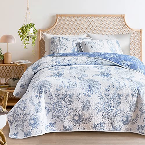 "Flysheep Botanical Quilt Set Twin Size, 2 Pieces White Blue Floral Printed Reversible Summer Bedding Set, Soft Microfiber Lightweight Bedspread/Coverlet for All Season - 92""x90"""