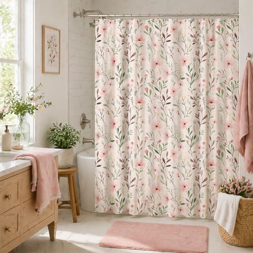 NYMB Pink Small Stall Shower Curtain 54W x 78H Inch, RV Shower Curtain Set Decor for Travel Trailer Bathroom, Light Pink Floral & Leaves Waterproof Polyester Fabric Curtains with Hooks