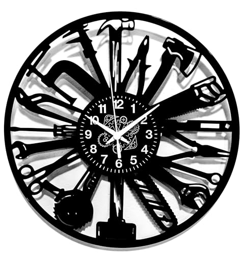 Instant Karma Clocks - Carpenter Wall Clock with Tools and Workshop Design – Silent No-Ticking - Perfect for Bedroom, Office, Studio, Cabin, Living Room – Unique Decoration