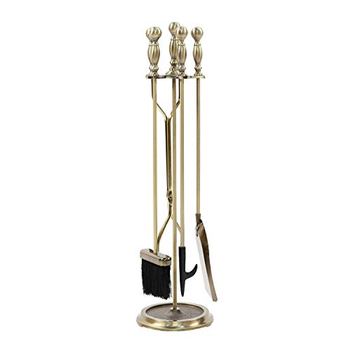 Antique Brass Fireplace Tools Set 5-Piece Wrought Iron Fire Pit Poker Wood Stove Log Tongs Holder with Pedestal Place Heavy Duty
