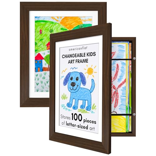 Americanflat - 2 Pack - Kids Artwork Display Frame Changeable (Walnut) - Magnetic Door Holds 100 Art Pieces - A4 Size Display with Mount or 10x12.5 Without Mount - My Mini Masterpiece