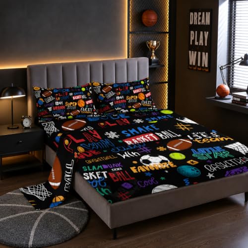 "Nttopship Sports Ball 4 Pieces Bed Sheet Sets Queen Size Football Rugby Basketball Bedding Sets with 16"" Deep Pockets Ball Sports Bedroom Decor,Bedding Set 4 PCS(1 Fitted+1 Flat+2 Pillowcases)"