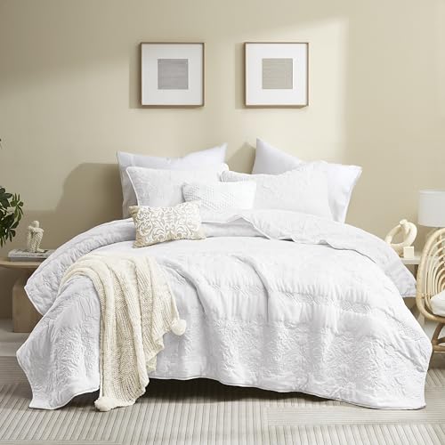 B2EVER Boho White Quilt Queen Size Bedding Sets with Pillow Sham, Bohemian Lightweight Soft Bedspread Coverlet, Quilted Blanket Thin Comforter Bed Cover for All Season, 3 Pieces, 90x90 inches