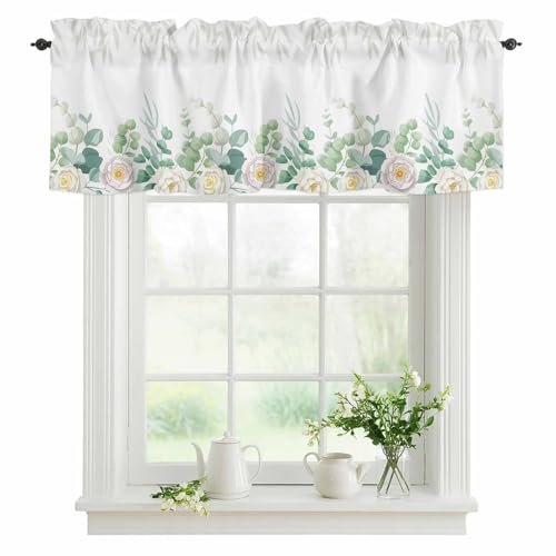"YOKOU Eucalyptus Leaves Curtain Valance, Summer Watercolor Green Leaf Flower Short Rod Pocket Window Treatment for Living Room, Bedroom, Kitchen, Bathroom, 1 Panel, 54"" W x 18"" L"