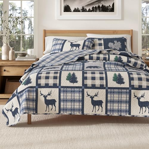 Great Bay Home Twin/Twin XL Bed Cover with 1 Pillow Case for Kids 2 Piece Reversible All-Season Mountain House Style Rustic Stonehurst Collection Navy/Grey