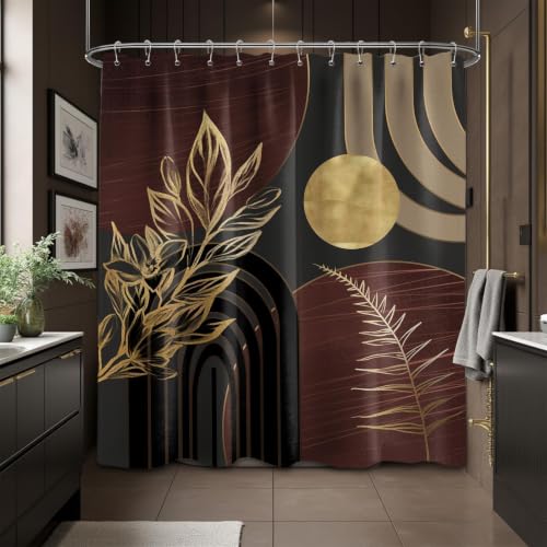 QGHOT Dark Brown and Gold Shower Curtain, 72x72 in, Mid Century Modern - Chocolate Theme, Boho Pattern Design, Abstract Geometric MCM Bathroom Decor, Waterproof Polyester Fabric, with Hooks