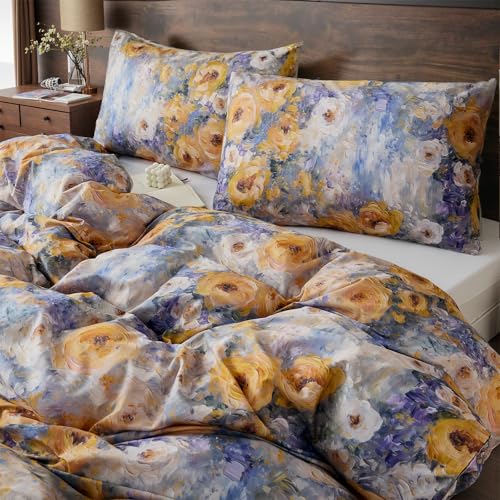 Cozaline 100% Cotton Duvet Cover King Size ??? Impressionist Natural Yellow & Blue Floral Duvet Cover Set with Zipper Closure, 3-Piece Soft Breathable Durable Percale Cotton Bedding Set for All Seasons