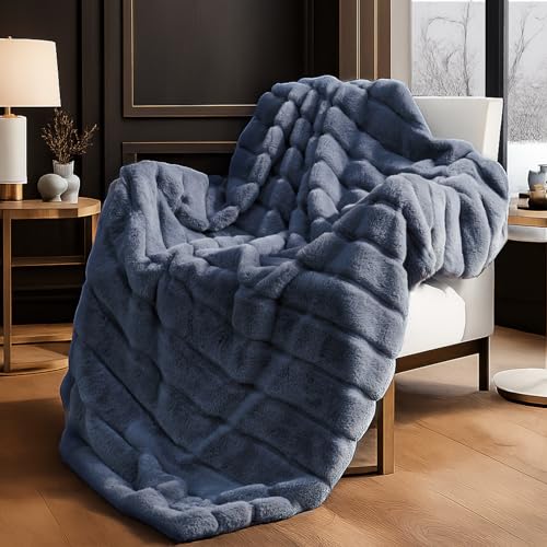 "Cozy Bliss Faux Fur Throw Blanket, Fuzzy Cozy Soft Thick Throw Blanket for Couch Bed, Living Room, Bedroom 50""x60"", Blue"